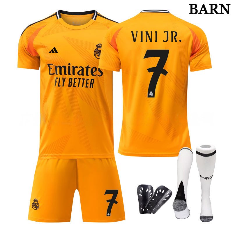 Få Vini Jr #7 Real Madrid 2024/25 oransje bortedrakt for barn