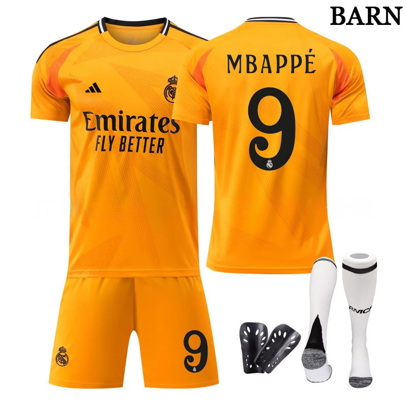 Kjøp Real Madrid 2024/25 oransje bortedrakt med Mbappé 9-trykk for barn