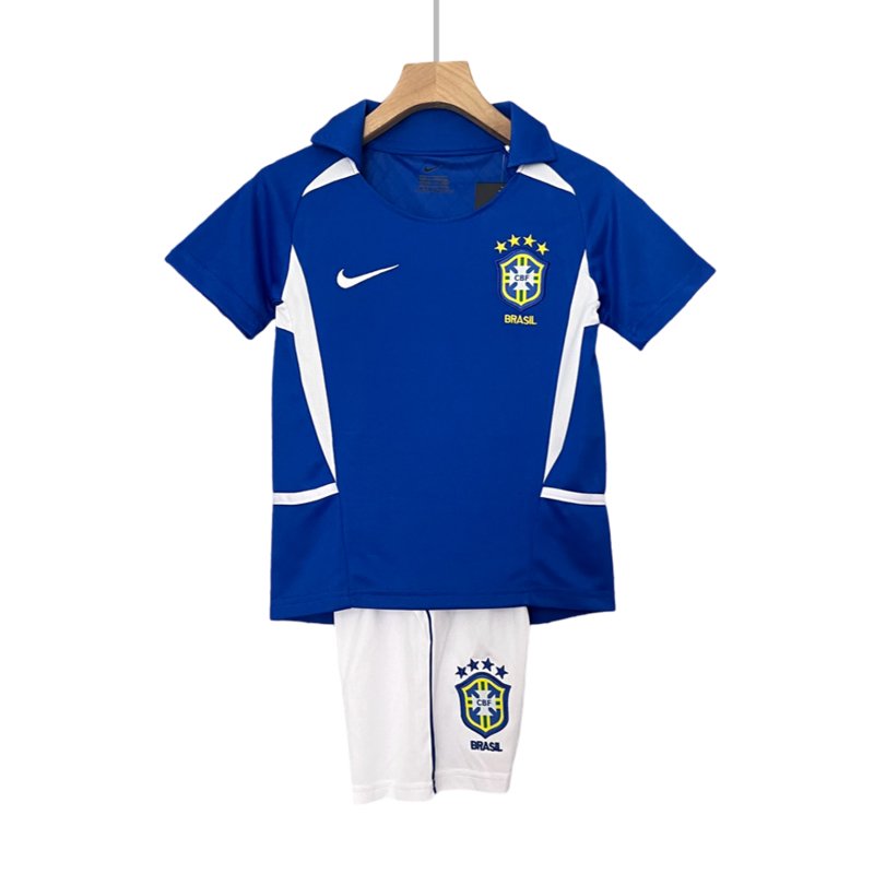 Fotballdrakter Barn Brasil Bortedrakt Retro 2002 Blå Kortermet + Hvit Korte bukser